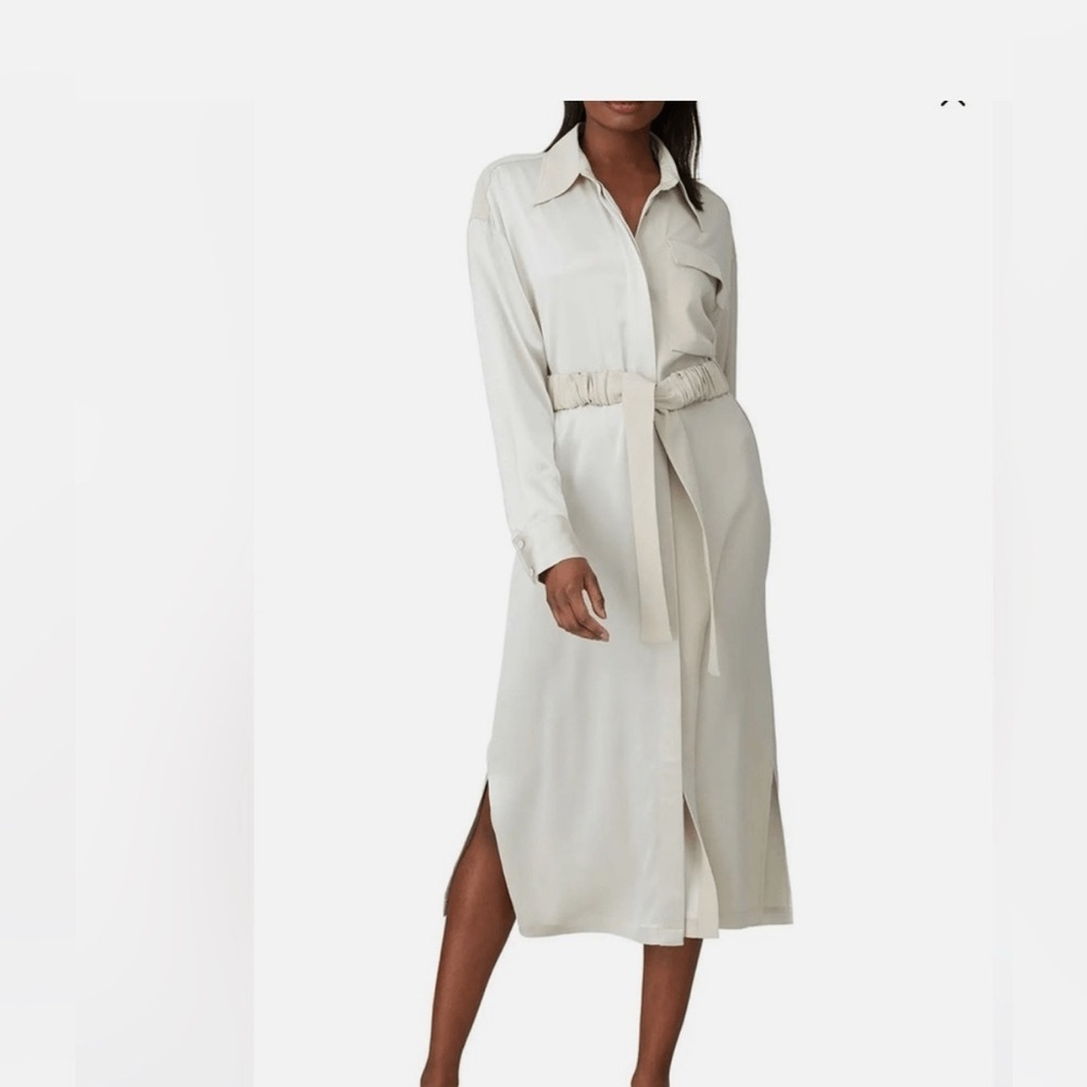 CO Dress Women XS Ivory Tie Waist Long Sleeve Collared Button Front